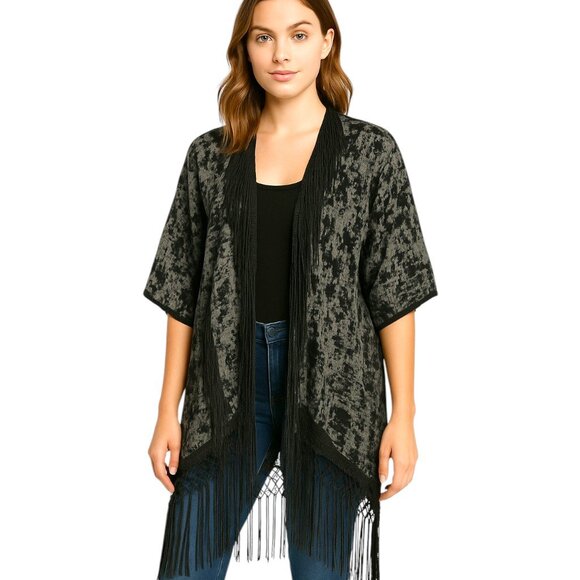 90s Design Lab by Lord & Taylor Black Burnout Fringed Kimono Cardigan Plus L/XL - Picture 1 of 7